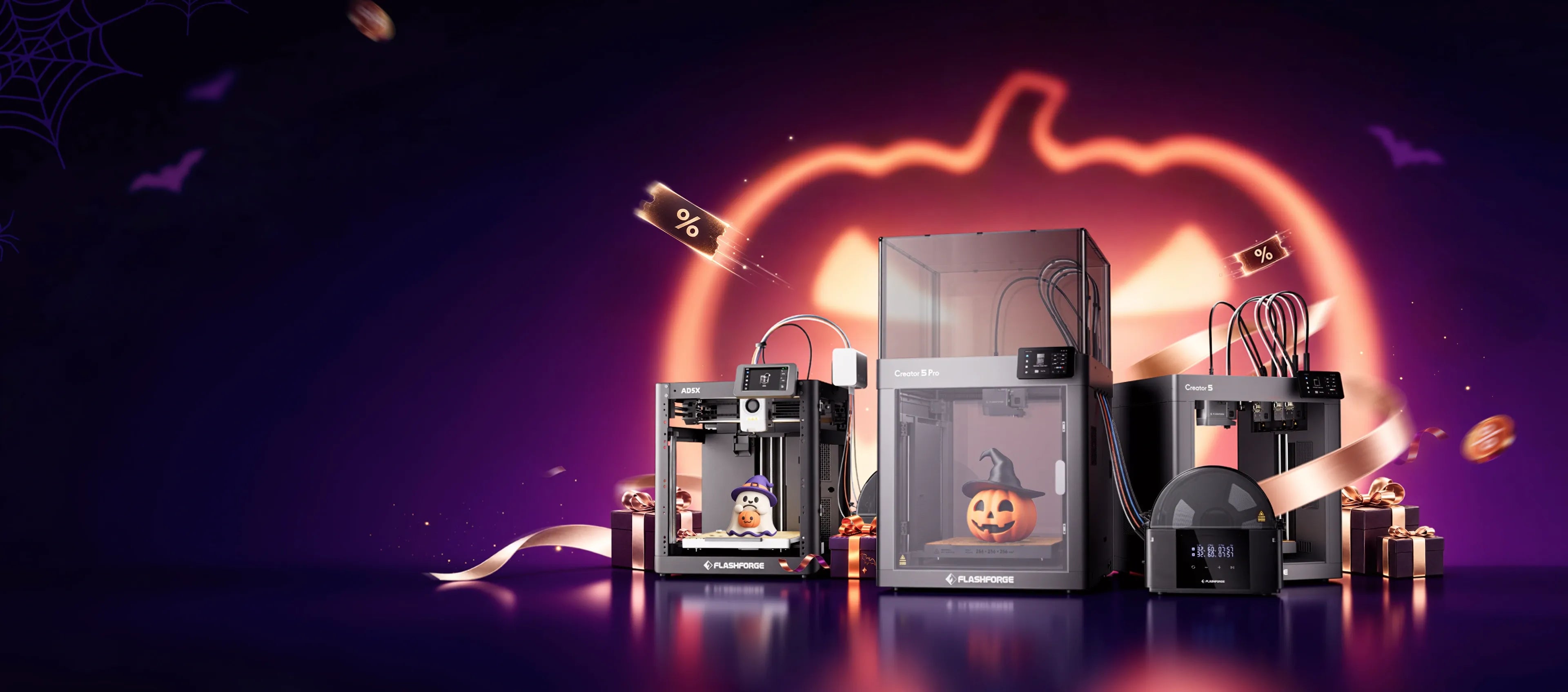 Flashforge Halloween Sale and Black Friday Early Bird — 3D printers with gift boxes and exclusive early-bird deals, Oct 20 to Oct 31